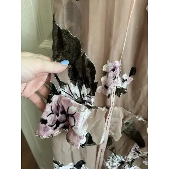 LULUS Chelisa Beige Velvet Floral Ruffled Bustier Strapless Maxi Dress Sz S NWT - Picture 10 of 14